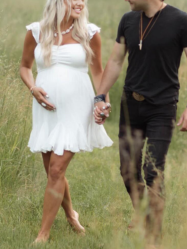 Mumsmode Zwangerchaps Korte Fotoshoot Jurk Elegant Ruches Boot Nek Wit