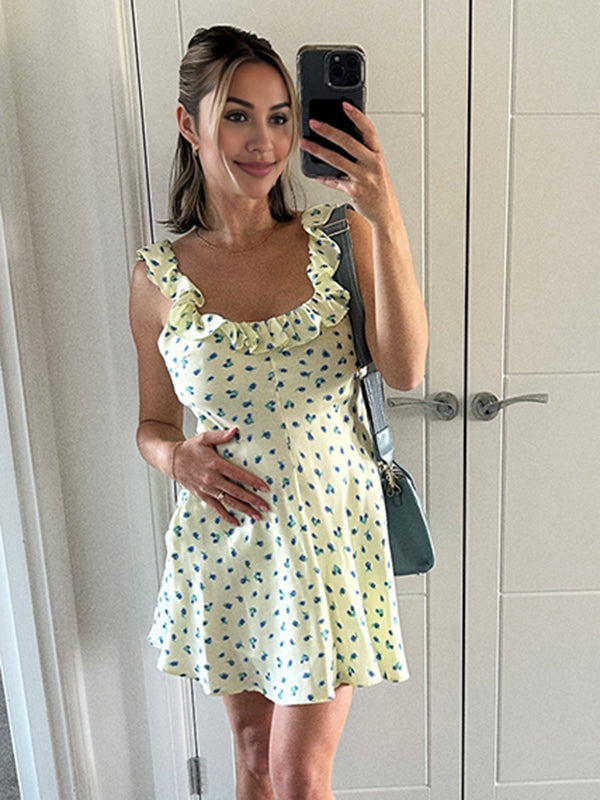 Mumsmode Zwangerschaps Mini Jurk Vakantie Bloemenprint Ruches Trapeze Geel
