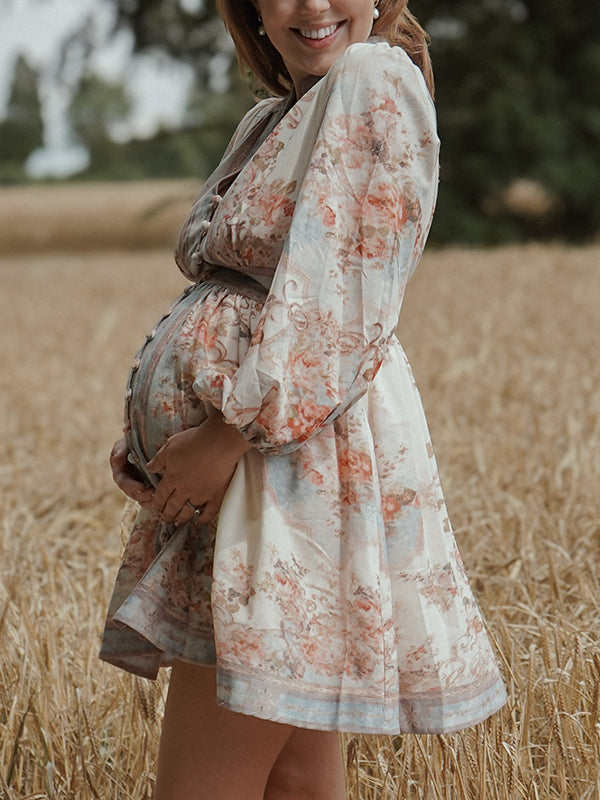 Mumsmode Zwangerschaps Mini Fotoshoot Jurk Chique Bloemenprint Enkele Borst Trapeze