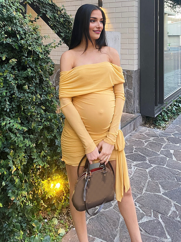 Mumsmode Zwangerschaps Mini Bodycon Jurk Chique Tule Knooppunt Lintje Off Shoulder