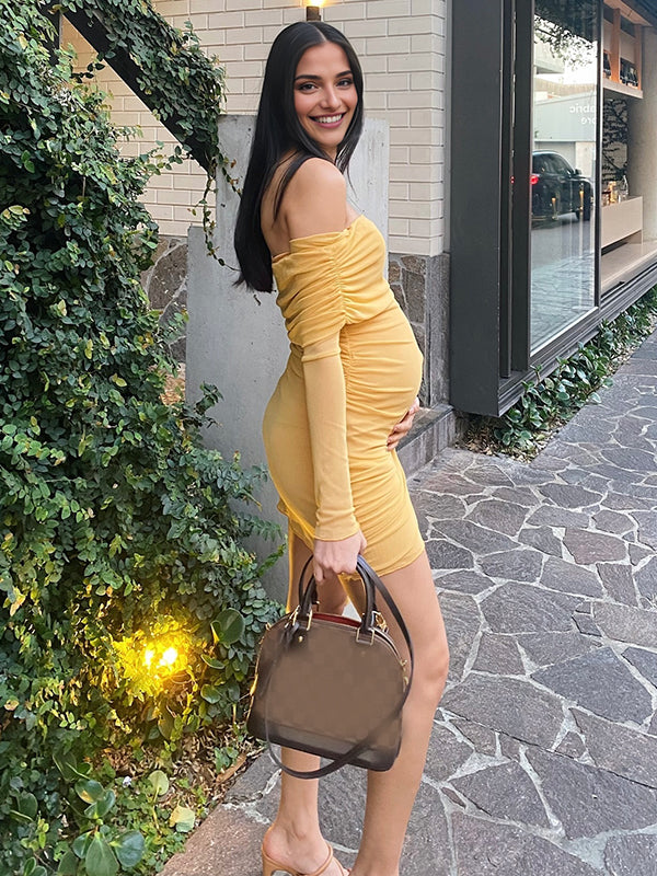 Mumsmode Zwangerschaps Mini Bodycon Jurk Chique Tule Knooppunt Lintje Off Shoulder