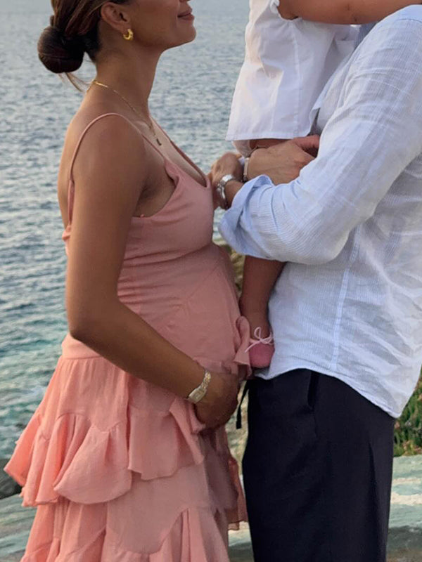 Mumsmode Zwangerschaps Mini Daily Jurk Chique Vakantie Spaghetti Meerlaags Ruches