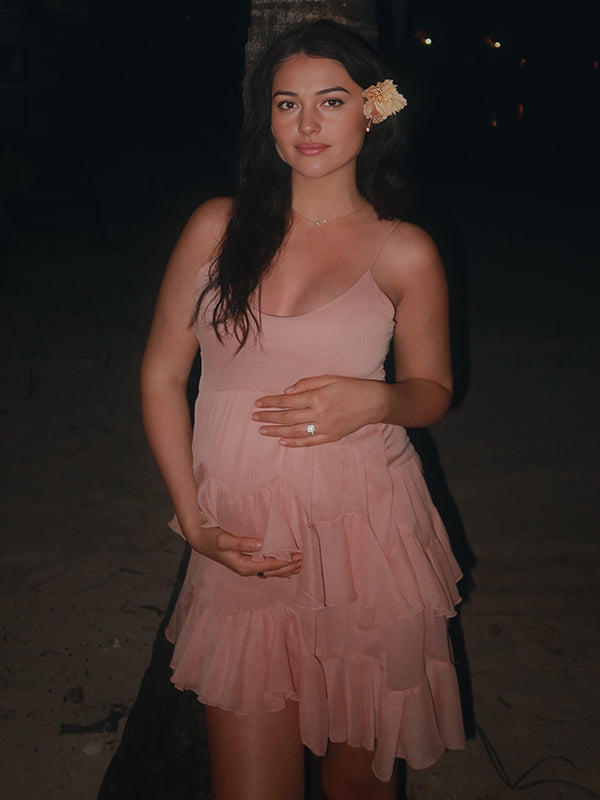 Mumsmode Zwangerschaps Mini Daily Jurk Chique Vakantie Spaghetti Meerlaags Ruches