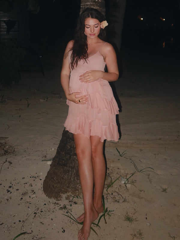 Mumsmode Zwangerschaps Mini Daily Jurk Chique Vakantie Spaghetti Meerlaags Ruches