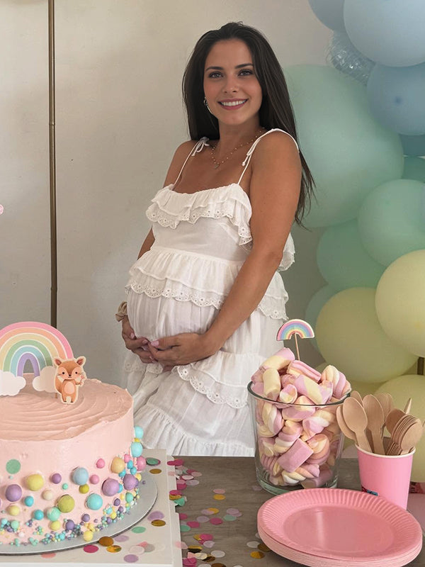 Mumsmode Zwangerschaps Mini BabyShower Jurk Schattig Spaghetti Meerlaags Ruches Trapeze