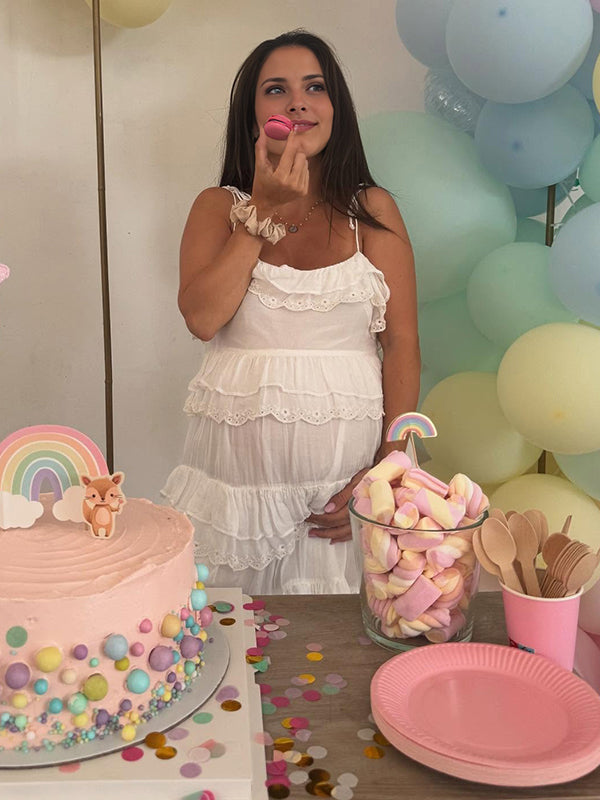 Mumsmode Zwangerschaps Mini BabyShower Jurk Schattig Spaghetti Meerlaags Ruches Trapeze