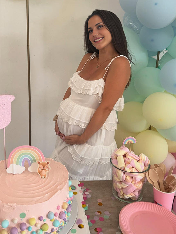 Mumsmode Zwangerschaps Mini BabyShower Jurk Schattig Spaghetti Meerlaags Ruches Trapeze