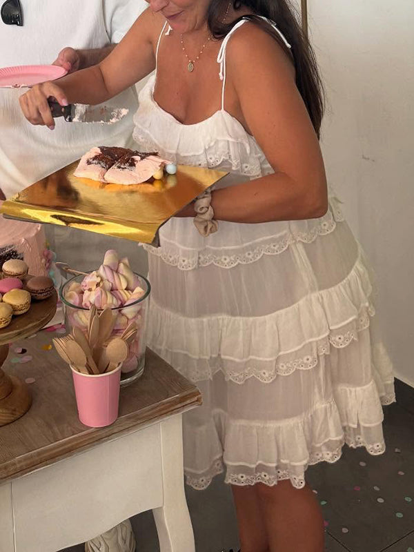 Mumsmode Zwangerschaps Mini BabyShower Jurk Schattig Spaghetti Meerlaags Ruches Trapeze