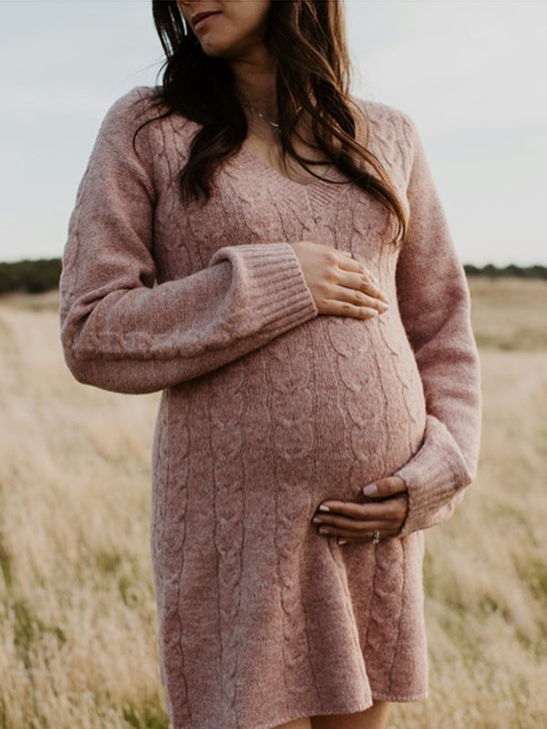 Mumsmode Zwangerschaps Mini Truien Jurk Chique Elegant Kabelbreiwerk Trapeze Lantaarn Mouw