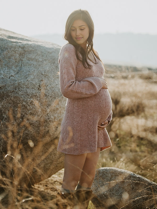 Mumsmode Zwangerschaps Mini Truien Jurk Chique Elegant Kabelbreiwerk Trapeze Lantaarn Mouw