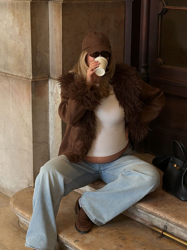 Mumsmode Zwangerschaps Teddy Jassen Chique Dagelijks Patchwork Harig Zakken Zwangerschapswinterjas