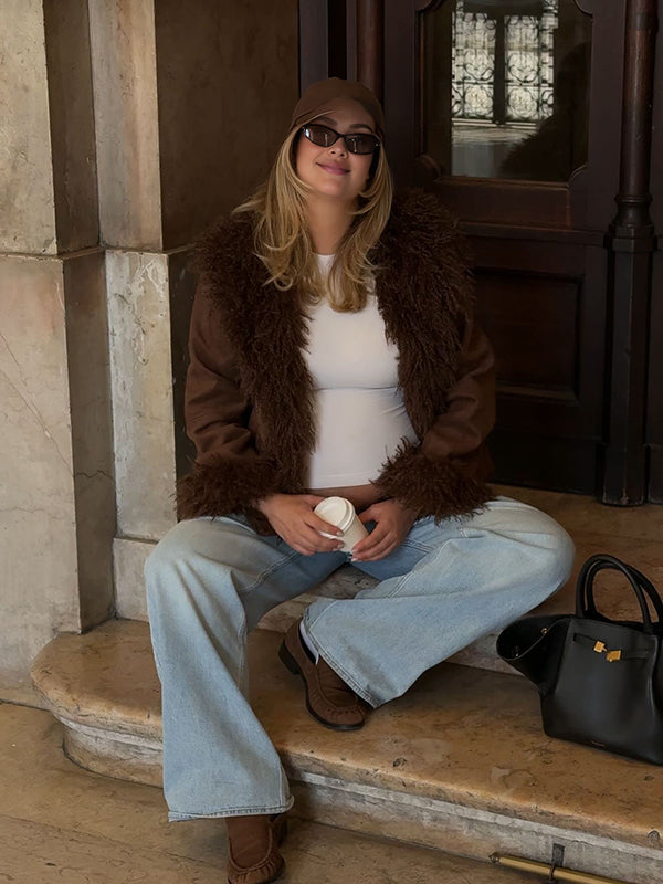 Mumsmode Zwangerschaps Teddy Jassen Chique Dagelijks Patchwork Harig Zakken Zwangerschapswinterjas