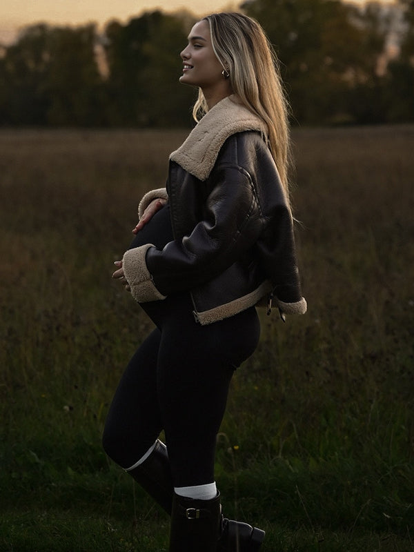 Mumsmode Zwangerschaps PU-jas Dagelijks Patchwork Harig Zakken Rits Bezet Zwangerschapsjassen