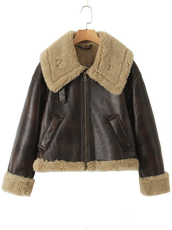 Mumsmode Zwangerschaps PU-jas Dagelijks Patchwork Harig Zakken Rits Bezet Zwangerschapsjassen