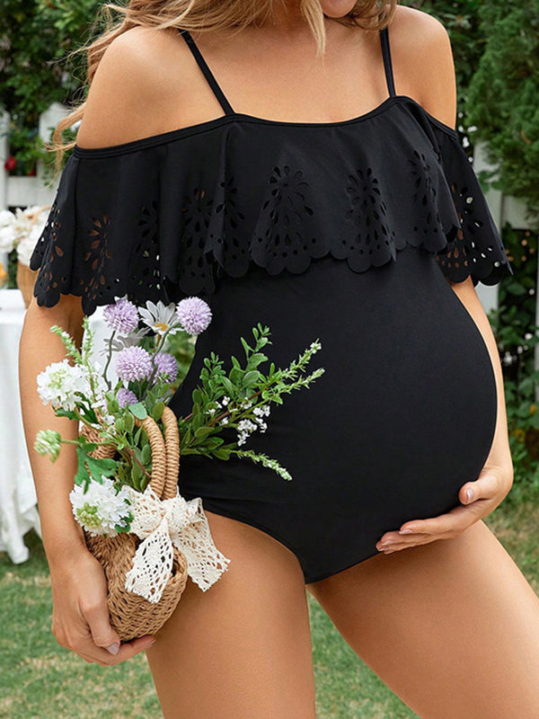 Mumsmode Zwangerschaps Zwemkleding Elegant Strand Ruches Uithollen Spaghetti Bodycon Off Shoulder