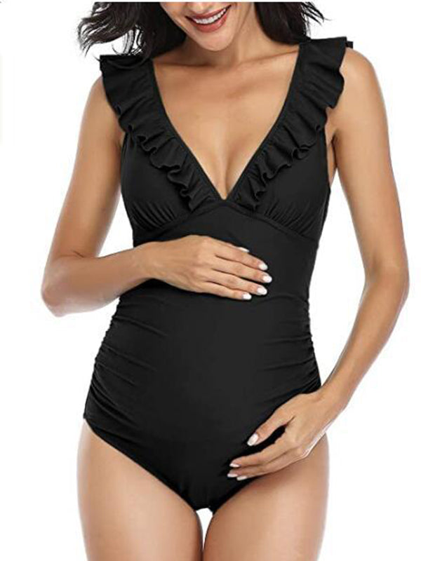 Zwemkleding Zwangerschaps Ruches Bodycon Rugloos Zwart