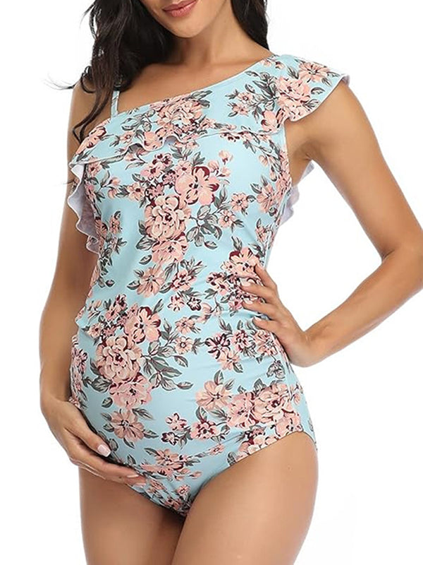 Mumsmode Zwangerchaps Buitenshuis Zwemkleding Bloemenprint Ruches Lichtblauw