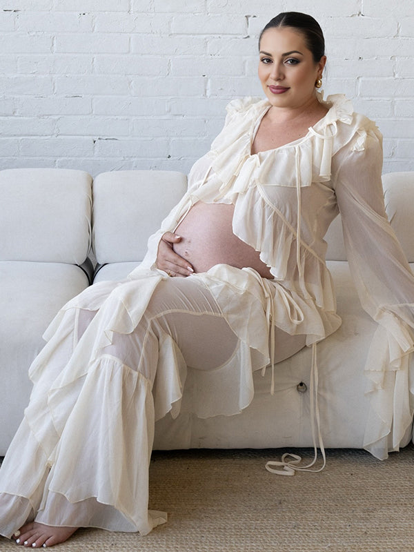 Mumsmode Zwangerschapsblouse Zwangerschapsbroeken Fotoshoot Chique 2-in-1 Ruches Chiffon