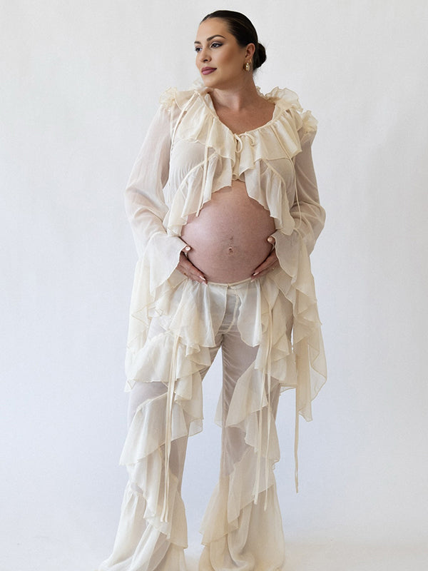 Mumsmode Zwangerschapsblouse Zwangerschapsbroeken Fotoshoot Chique 2-in-1 Ruches Chiffon