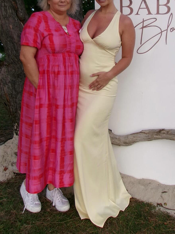 Mumsmode Zwangerschaps Maxi Jurk Elegant Babyshower Rugloos Vlinderdas Zeemeermin Bodycon