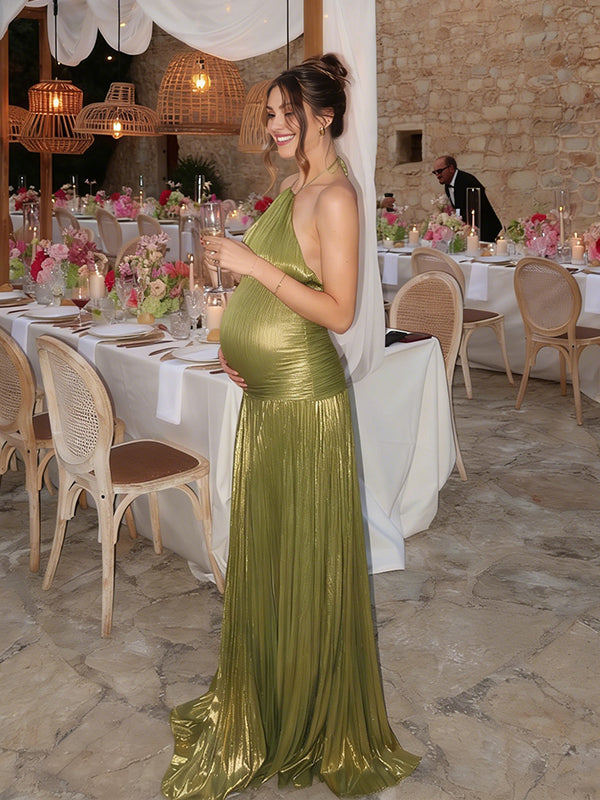 Mumsmode Zwangerschaps Maxi Jurk Chique Cocktail Geplooid Zijsplit Rugloos