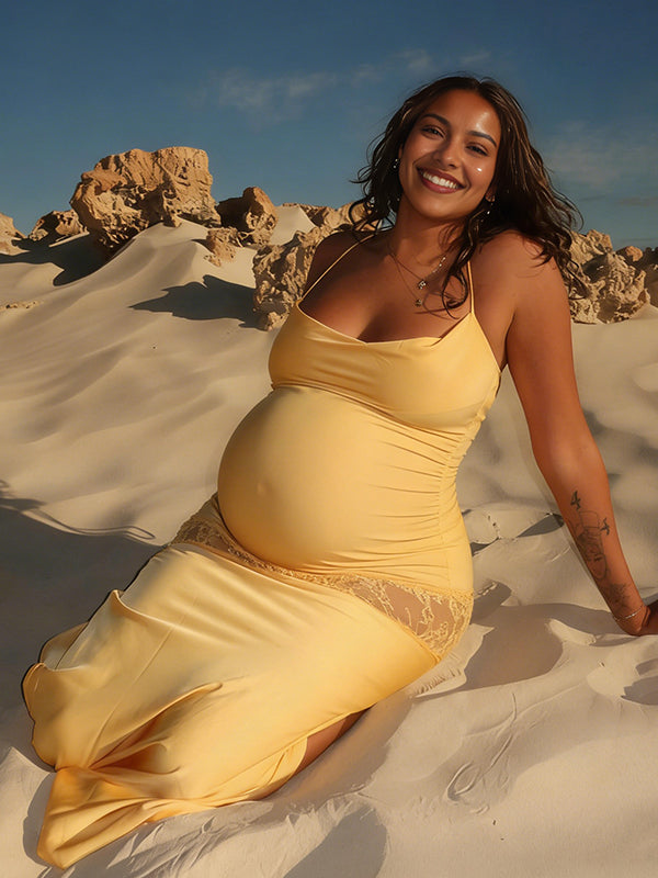 Mumsmode Zwangerschaps Maxi Jurk Elegant Fotoshoot Kanten Zijsplit Rugloos Gebonden rug