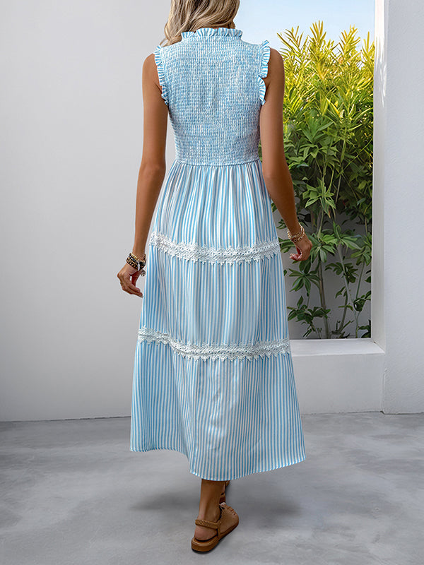 Mumsmode Zwangerschaps Maxi Daily Jurk Vakantie Gestreept Kanten Ruches Geplooid Trapeze
