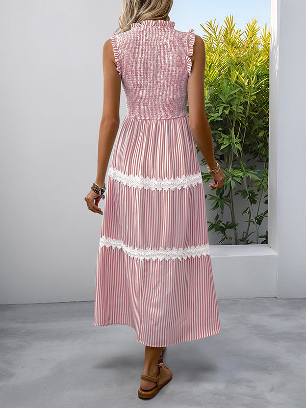 Mumsmode Zwangerschaps Maxi Daily Jurk Vakantie Gestreept Kanten Ruches Geplooid Trapeze
