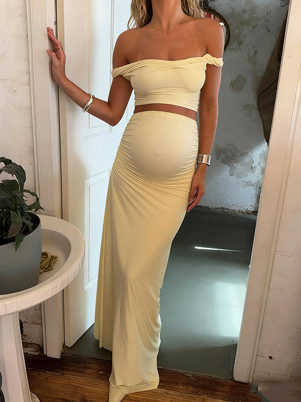 Mumsmode Zwangerschaps Maxi Cocktail Jurk Chique 2-in-1 Off Shoulder Geplooid Bodycon