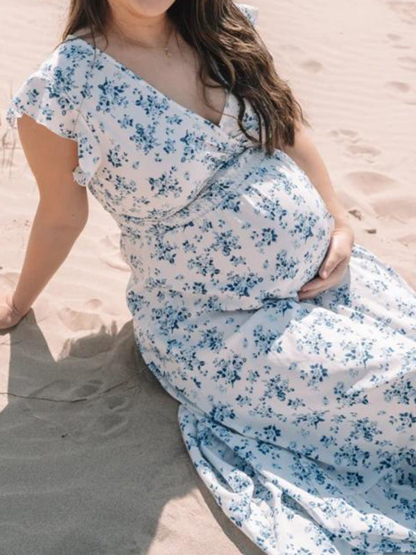 Mumsmode Zwangerschaps Maxi Fotoshoot Jurk Vakantie Bloemenprint Ruches Gekreukt Trapeze