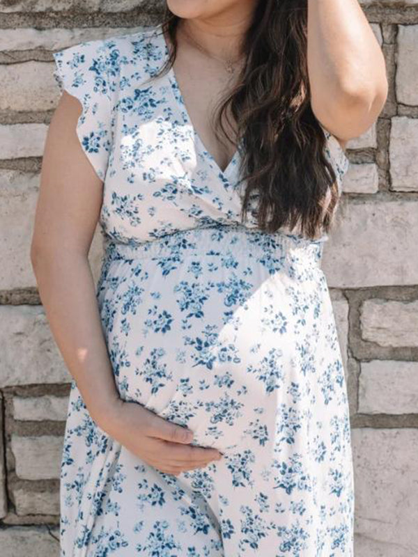 Mumsmode Zwangerschaps Maxi Fotoshoot Jurk Vakantie Bloemenprint Ruches Gekreukt Trapeze