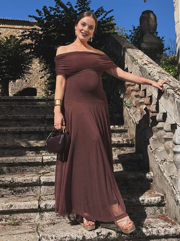 Mumsmode Zwangerschaps Maxi Cocktail Jurk Chique Tule Off Shoulder Gedrapeerd Trapeze