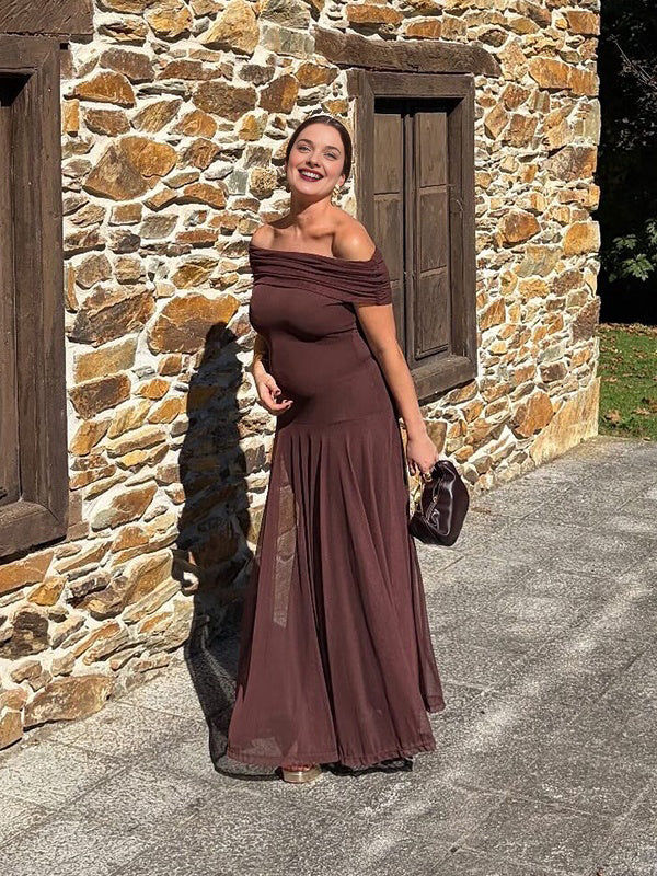 Mumsmode Zwangerschaps Maxi Cocktail Jurk Chique Tule Off Shoulder Gedrapeerd Trapeze