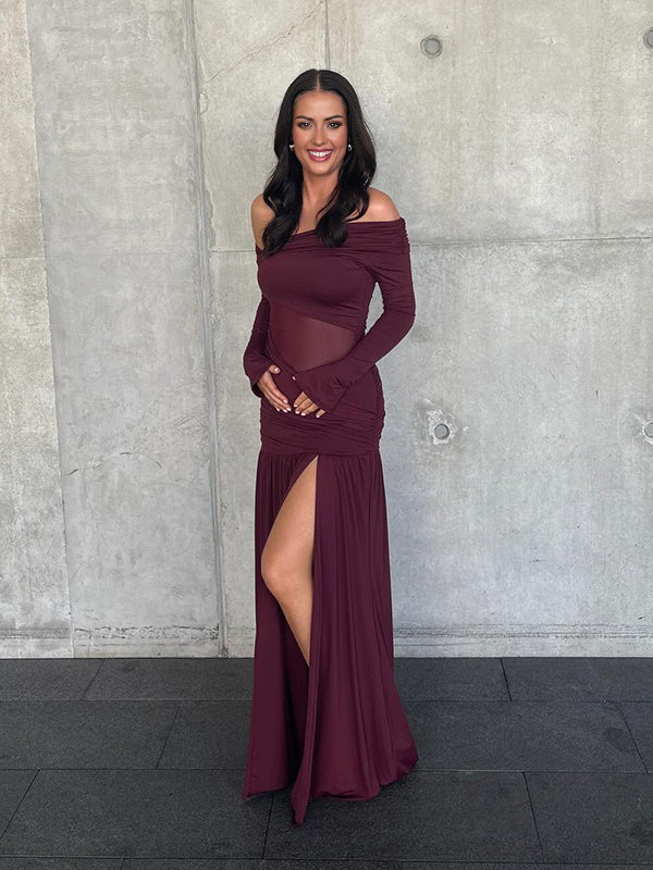 Mumsmode Zwangerschaps Maxi Cocktail Jurk Chique Tule Patchwork Zijsplit Gekreukt Off Shoulder