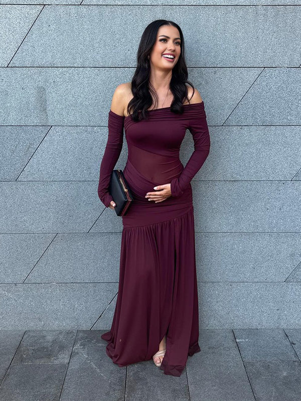Mumsmode Zwangerschaps Maxi Cocktail Jurk Chique Tule Patchwork Zijsplit Gekreukt Off Shoulder