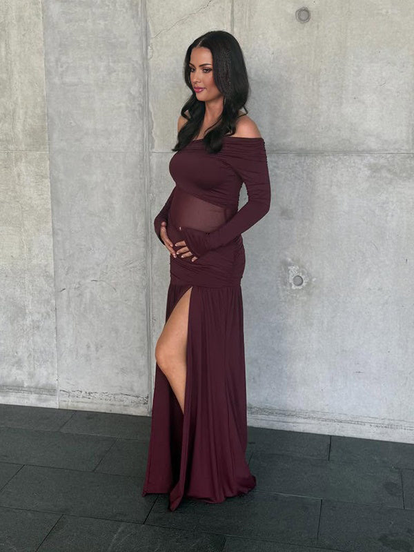 Mumsmode Zwangerschaps Maxi Cocktail Jurk Chique Tule Patchwork Zijsplit Gekreukt Off Shoulder