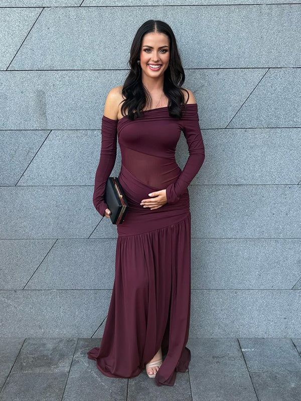 Mumsmode Zwangerschaps Maxi Cocktail Jurk Chique Tule Patchwork Zijsplit Gekreukt Off Shoulder