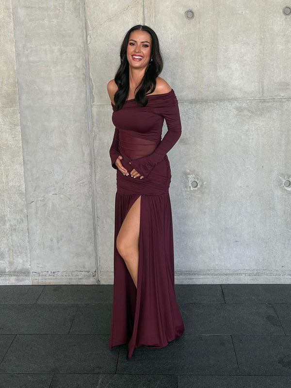 Mumsmode Zwangerschaps Maxi Cocktail Jurk Chique Tule Patchwork Zijsplit Gekreukt Off Shoulder