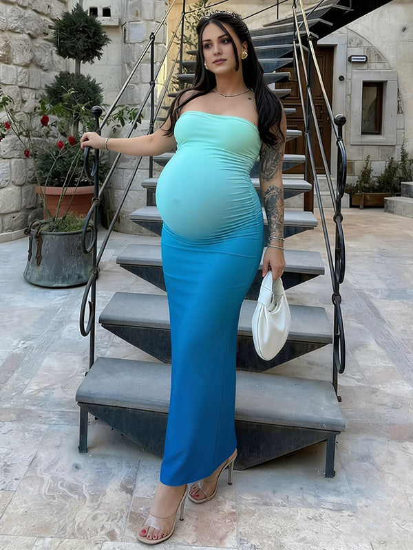 Mumsmode Zwangerschaps Maxi Jurk Vakantie Cocktail Gradiëntkleuren Bodycon Bandeau