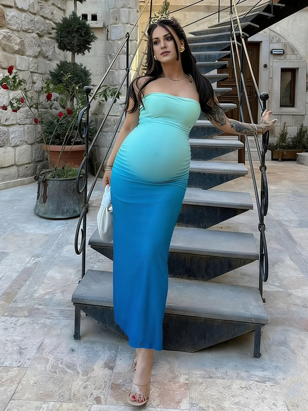 Mumsmode Zwangerschaps Maxi Jurk Vakantie Cocktail Gradiëntkleuren Bodycon Bandeau