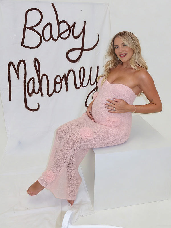 Mumsmode Zwangerschaps Maxi Jurk Babyshower Cocktail Gebreide 3D Bloemen Bandeau Roze