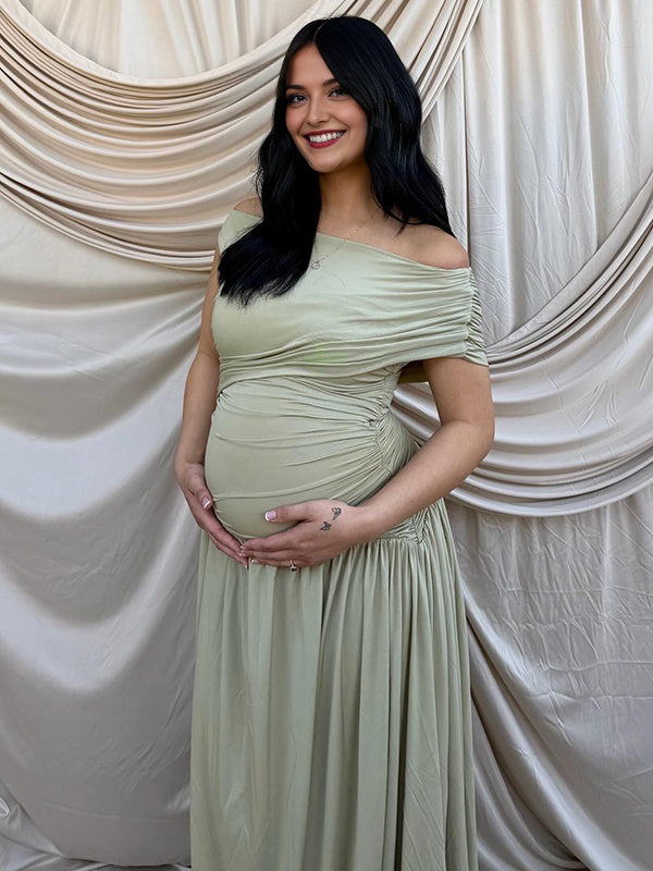 Mumsmode Zwangerschaps Maxi Jurk Babyshower Cocktail Gekreukt Onregelmatig Een Open Schouder Groen