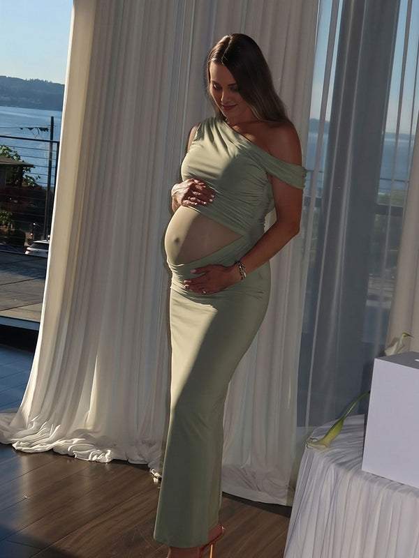 Zwangerschaps Maxi Jurk Onregelmatig Een Open Schouder Bodycon Tule