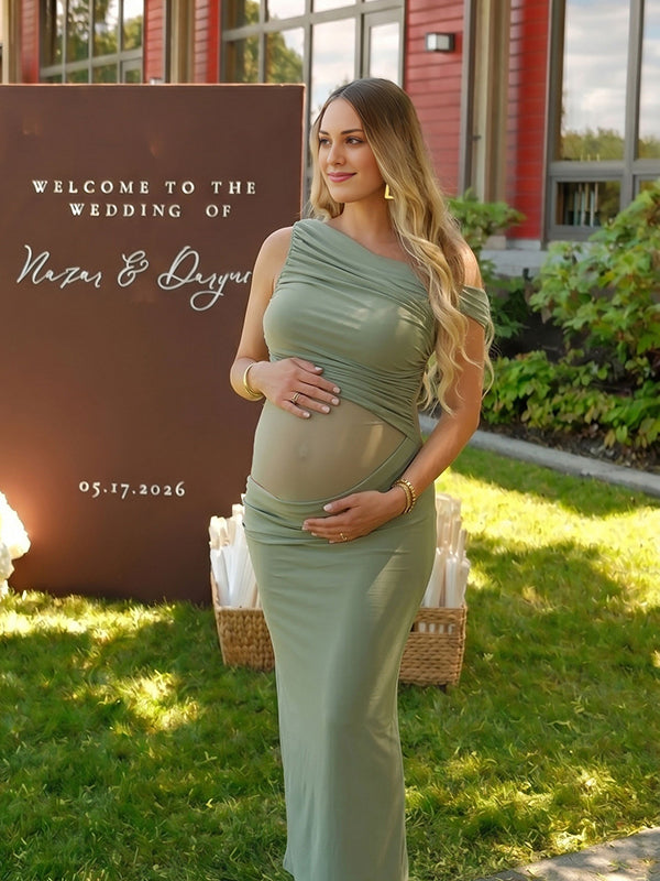 Zwangerschaps Maxi Jurk Onregelmatig Een Open Schouder Bodycon Tule