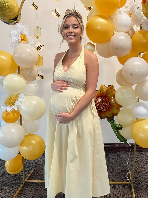 Mumsmode Zwangerschaps Maxi Jurk Babyshower Cocktail Halternek Rugloos A-Lijn Geel