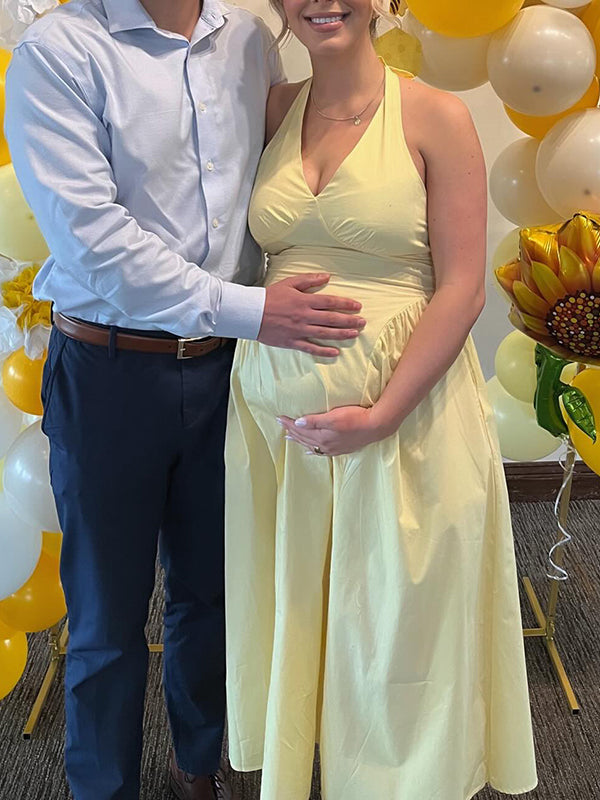 Mumsmode Zwangerschaps Maxi Jurk Babyshower Cocktail Halternek Rugloos A-Lijn Geel