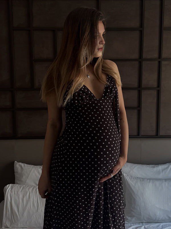 Mumsmode Zwangerschaps Maxi Jurk Vakantie Ceremonie Stippenprint Lintjes Gebonden Rug Rugloos