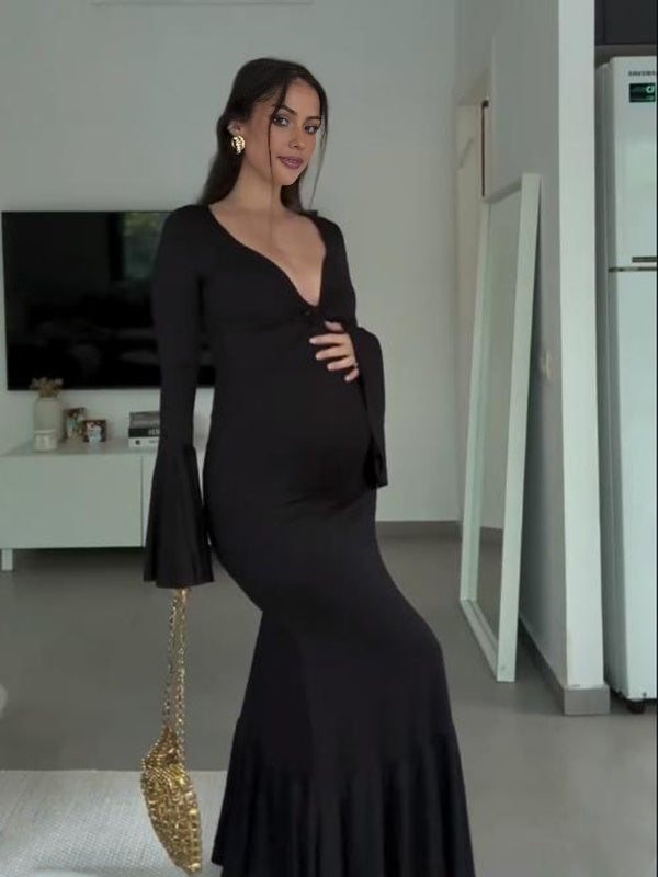 Mumsmode Zwangerschaps Maxi Jurk Babyshower Ceremonie Bodycon Ruches Zeemeermin Knoop