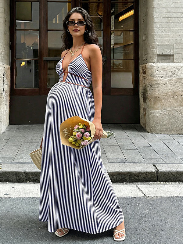 Mumsmode Zwangerschaps Maxi Jurk Vakantie Fotoshoot Gestreept A-Lijn Halternek Rimpelen Spaghetti