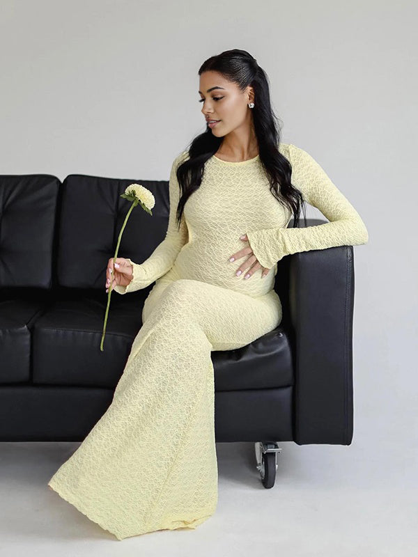 Mumsmode Zwangerschaps Maxi Jurk Fotoshoot Chique Rugloos Gebonden Rug Kanten Geel